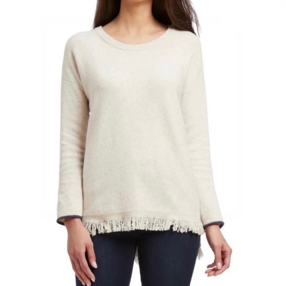 NEW NIC + ZOE CREAM FRINGE TRIM HIGH-LOW SWEATER